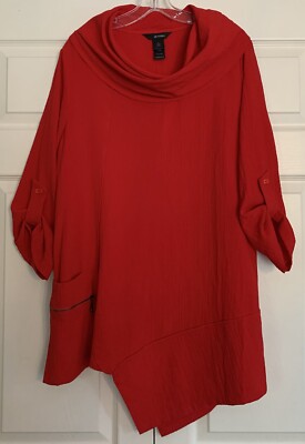 Ali Miles Cowl Neck Tunic Top Artsy Lagenlook Crinkle Gauze Asymmetrical Red - L