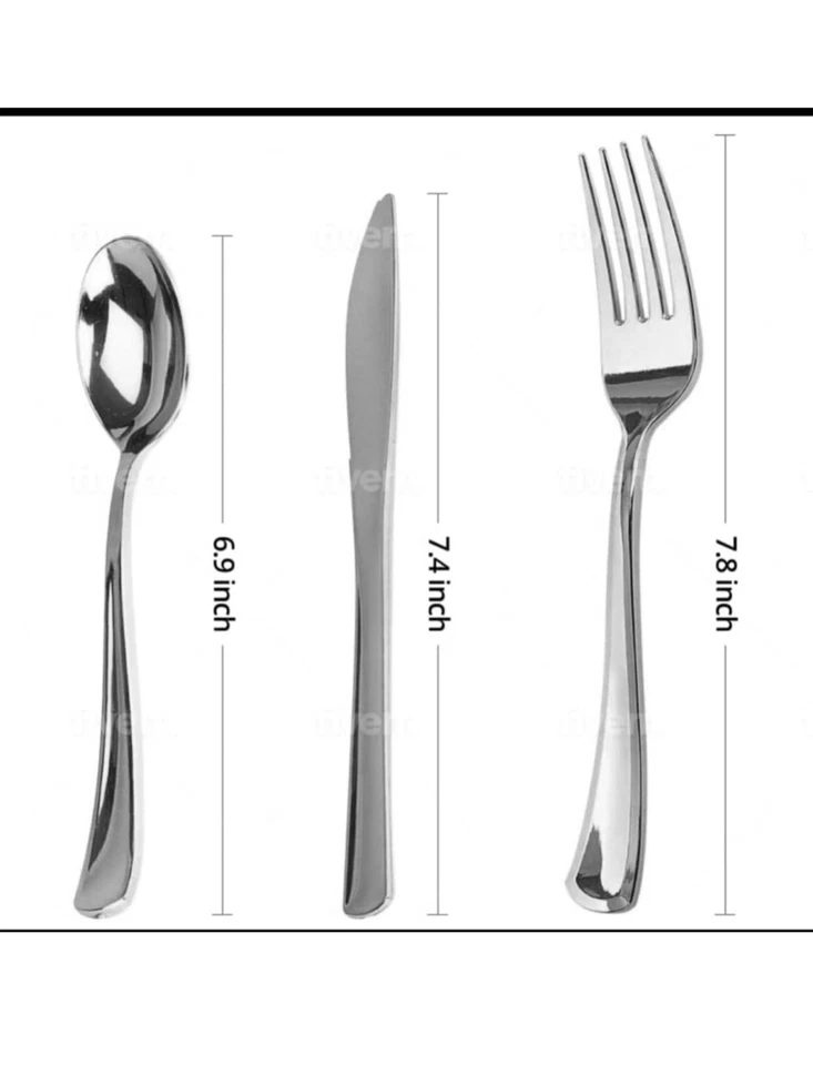 Cubiertos de plástico desechables (plata) 100 unidades. 30 cucharas 30 cuchillos, 40 tenedores Foto 2 de 4