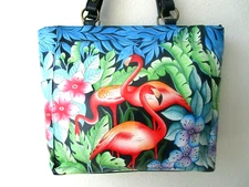 ANUSCHKA FLAMINGO FEVER HAND PAINTED LEATHER SHOULDER TOTE PURSE - NWT