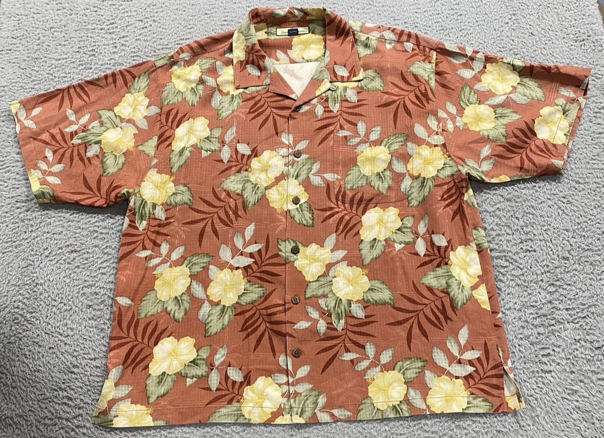 Tommy Bahama Shirt Mens XL Brown Yellow Floral Silk Hawaiian Camp Aloha