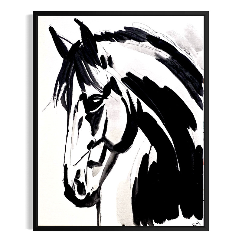 Original Abstract 11x14 Horse Acrylic Painting Bold Black and White Wall Art