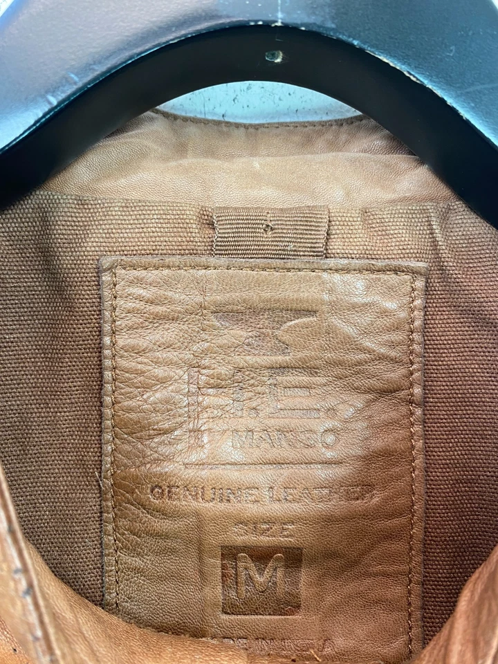 HE By Mango Tan Leather Biker Jacket Zip Front Pockets Moto Style Medium - Image 3 of 4