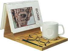 Wooden Book Stand for Reading Rest, Small Bookshelf with Drink Holder, Book Corn