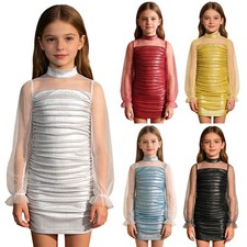 Kids Girls Ruched Metallic Long Sleeve Tight Formal Party Bodycon Banquet Dress