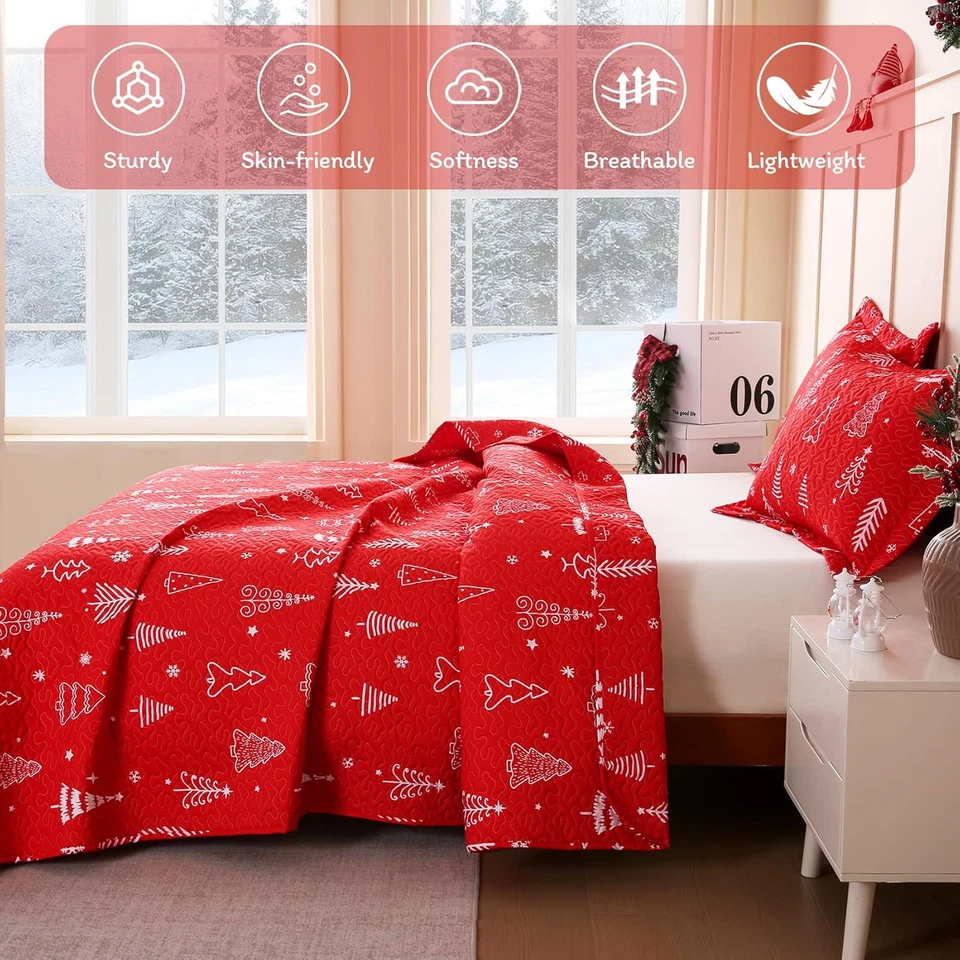 2 Pcs Kids Christmas Quilt Set Twin Size, Red Christmas Tree Bedding, Soft Micro - Image 3 of 4