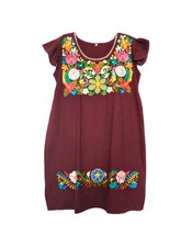 Mexican Embroidered Floral Women's Dress Burgundy Puebla Tunic Dress L