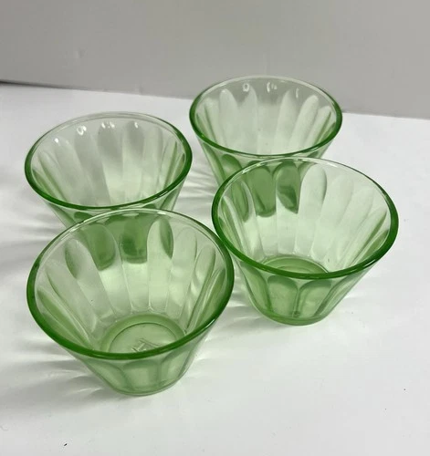 Set of 4 1930s Hazel Atlas Uranium Green Depression Glass Custard Cups Ramekins