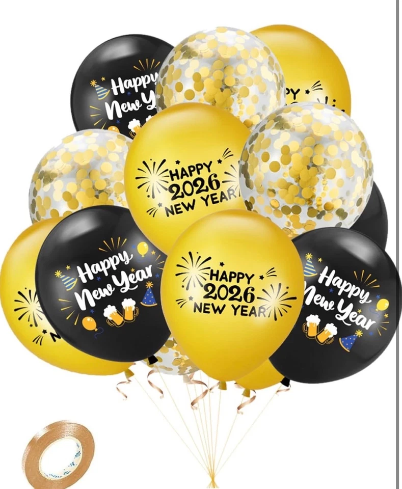 2026 12inch Black Gold Happy New Year Latex Balloon Party Decoration 10pcs