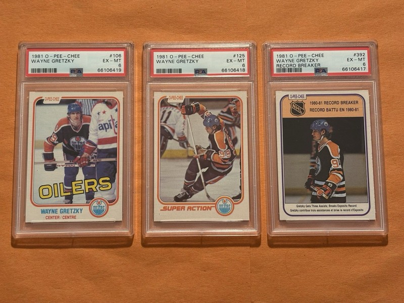 (LOT OF 3) 1981 O-PEE-CHEE #106, 125, 392 WAYNE GRETZKY - PSA 6 - EX-MT - HOF