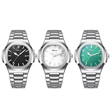 Waterproof Men Square Dial Quartz Luminous Watch Date Stainless Steel Wristwatch