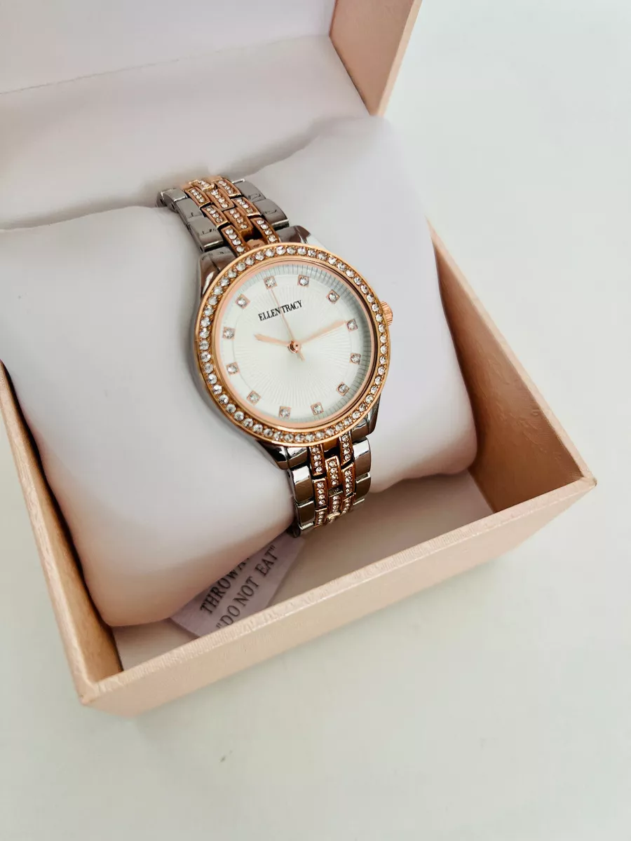 ELLEN TRACY RHINESTONES DIAL TWO TONE SILVER ROSE GOLD BRACELET