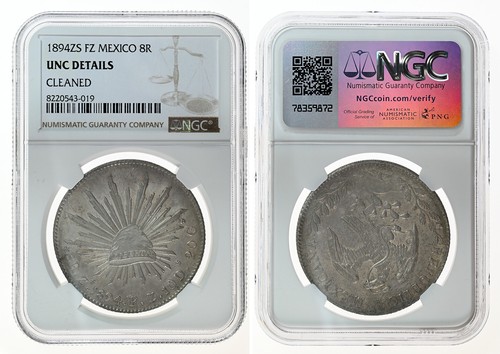 MESSICO Argento 8 Reales 1894 Zs-FZ NGC UNC, Zacatecas zecca - Foto 3 di 3