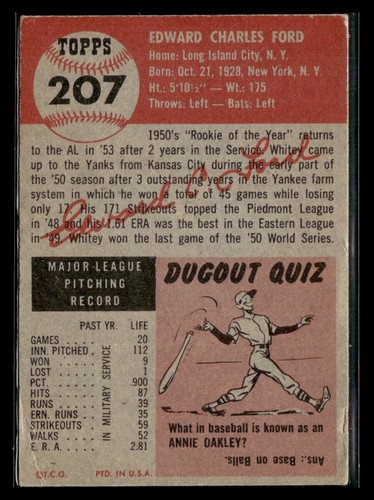 1953 Topps Baseball#207 Whitey Ford Card - G/VG #5608 - Picture 2 of 2