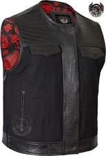 Men's Genuine Embossed Leather & Black Denim Red Paisley Motorcycle Waistcoat