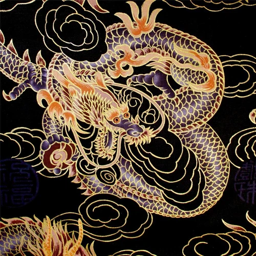 Gorgeous Metallic Gold Etched Purple Dragons on Black, Daiwabo by Trendtex - product listing photo