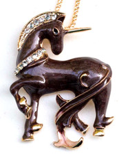 Swirled Dark Brown Enamel Unicorn Pendant Gold tone 25" Necklace.  NWOT