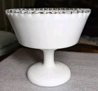 Fenton Vintage Milk Glass Candy Dish Bowl Ribbon Lace Edge Pedestal Footed 6”