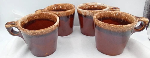 Hull Brown Drip Pottery Coffee Cup Mugs Handle Glossy Vintage MCM USA Set of 4