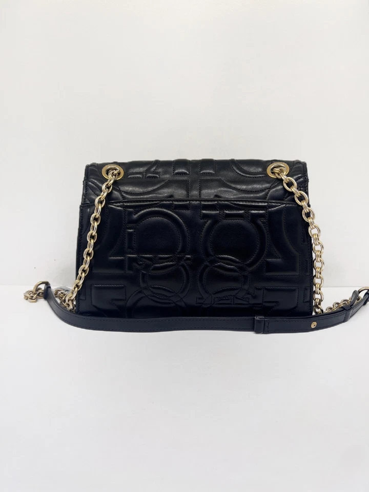 Salvatore Ferragamo Gancini Handbag Shoulder Bag Black Gold Hardware - Image 2 of 4