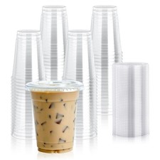 100 Sets 12 oz Clear Plastic Cups with Flat Lids, 12 oz Disposable Drinking C...