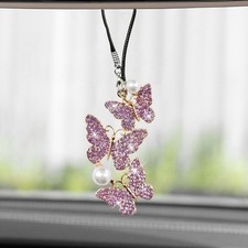 Sparkling Butterfly Car Hanging Ornament - Adjustable Rhinestone Charm In Purple
