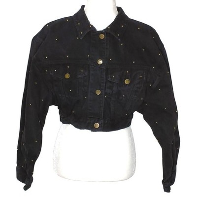 Paris Blues Denim Jacket Women Medium Black Vintage Cropped Studded