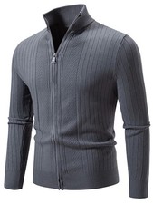 Men's Zip Up Sweater Cardigan Ribbed Knit Stand Collar Slim Fit Jacket