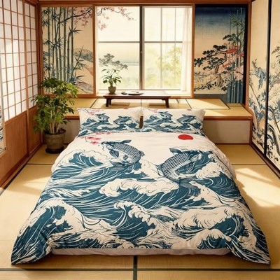  Waves Bedding Set Size,Koi Cherry Blossom Sunrise Duvet Cover Full Cyjs2202