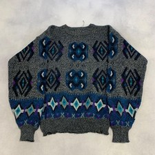 Vintage Knitted Jumper Abstract Patterned Grandad Knit Sweater Men's L