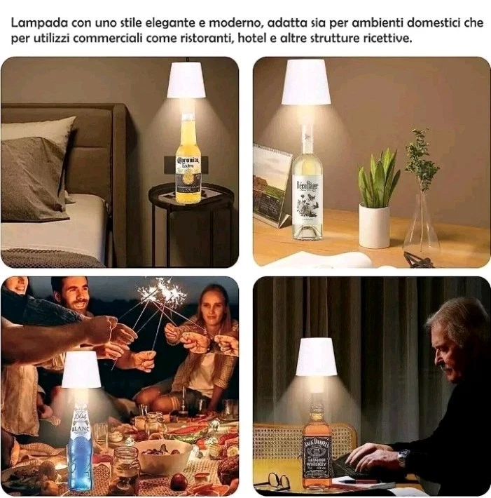 LAMPADA LED PER BOTTIGLIA TAPPO TAVOLO TOUCH DIMMERABILE USB RICARICABILE ip54 - Immagine 2 di 3