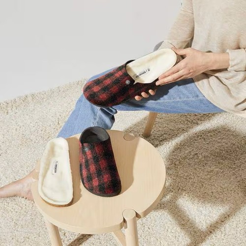 BIRKENSTOCK ZERMATT SHEARLING PLAID RED ROT TARTIC SLIPPER WOLL SCHMAL WEITE - Foto 4 di 6