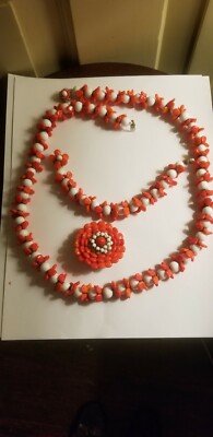 VINTAGE MIRIAM HASKELL  GLASS CORAL WT NECKLACE EARRINGS BRACELET SET SIGNED