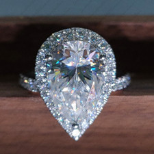 2.85 TCW Pear Cut Moissanite Halo Teardrop Engagement Ring 14k White Gold Plated