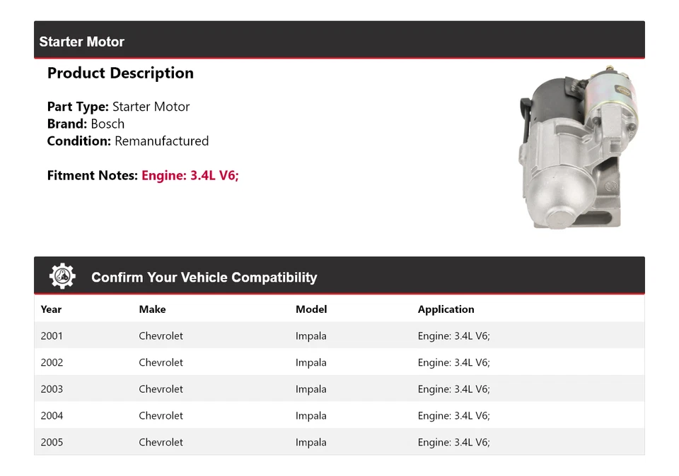 For 2001-2005 Chevrolet Impala 3.4L V6 Bosch Starter (Remanufactured) 2002 2003 - Image 2 of 4