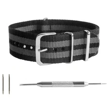 Black / Grey Striped Ballistic Nylon One-Piece Watch Band - 18, 20, 22 or 24mm