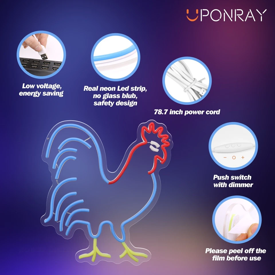 Letrero LED de neón de gallo: 33X36CM colorido decoración de pared para cumpleaños, fiesta, regalos Foto 3 de 4