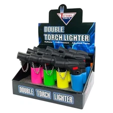 12 Pack Double Jet Torch Lighter Adjustable Butane Refillable Neon Color