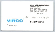 2010s 2020s Business Card Virco Manufacturing Taylor MI Vtg