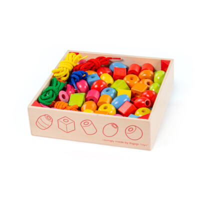 Bigjigs Toys Kiste mit Schnürperlen, Holzspielzeug, Schnürspielzeug, Fädelspielzeug