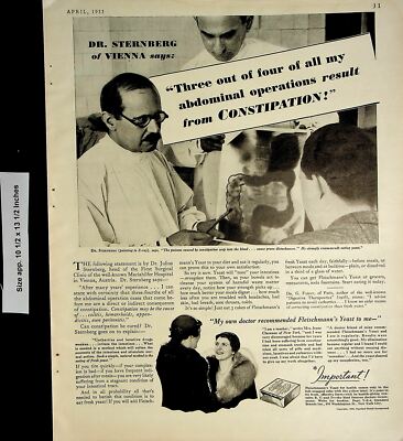 1933 Fleischmann's Yeast Constipation Doctor Relief Vintage Print Ad 4598