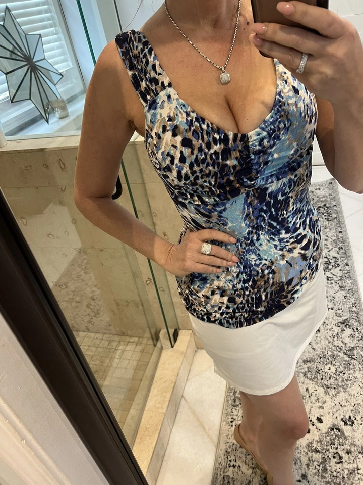 Boston Proper Blue TanWhite Leopard Shirt Clinched Tank Tunic Top Very Nice S