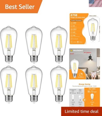 Bright 700 Lumens Cool White LED Edison Bulbs - 6W, Vintage Style, Pack of 6