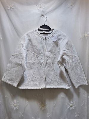 Lacy Chabert Womens NWT 1X White Jacket Quilted Boho Fringe Kantha Lightweight