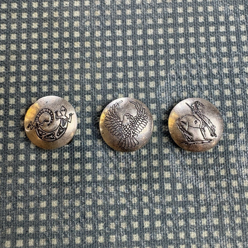 Lot of 3 Silver Round Metal Shank Buttons, South Western Native American Designs