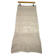 Boho Crochet Maxi Skirt Womens L Beige Eyelet Lined Festival Cottagecore Coastal