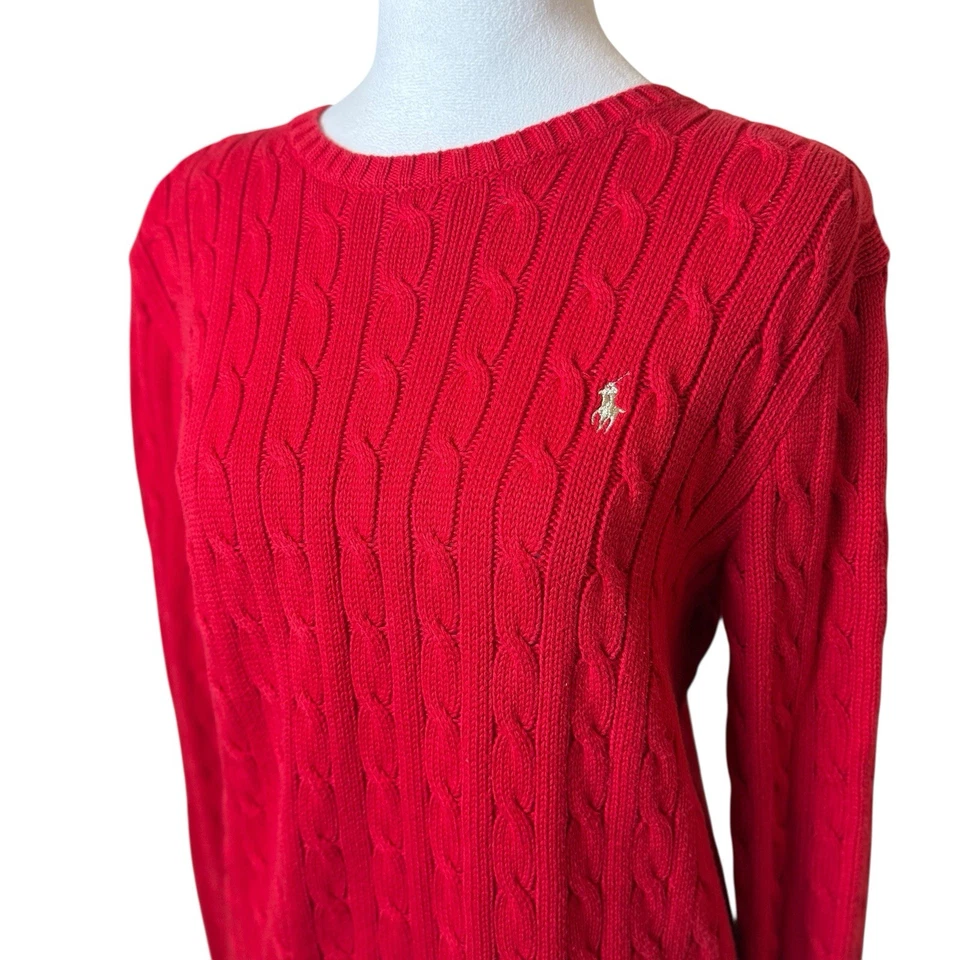 Ralph Lauren женщин LG красный кабель вязаный свитер золотой пони опрятный праздник Рождество - Изображение 2 из 4
