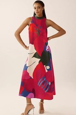 New Farm Rio Halter Maxi Dress Floral Watercolor MP  by Anthropologie NWT