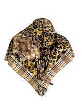Animal Print Silk Scarf Abstract Leopard Plaid Border Brown Yellow Square A57