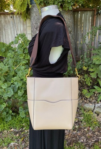 Aallyn Womens Jordan Bucket Bag Leather Cream/Gold Tote Handbag Shoulder Strap - Picture 1 of 10