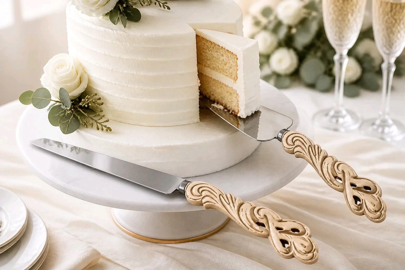 Vintage-Style Ivory Wedding Cake Knife and Serrated Serving Set